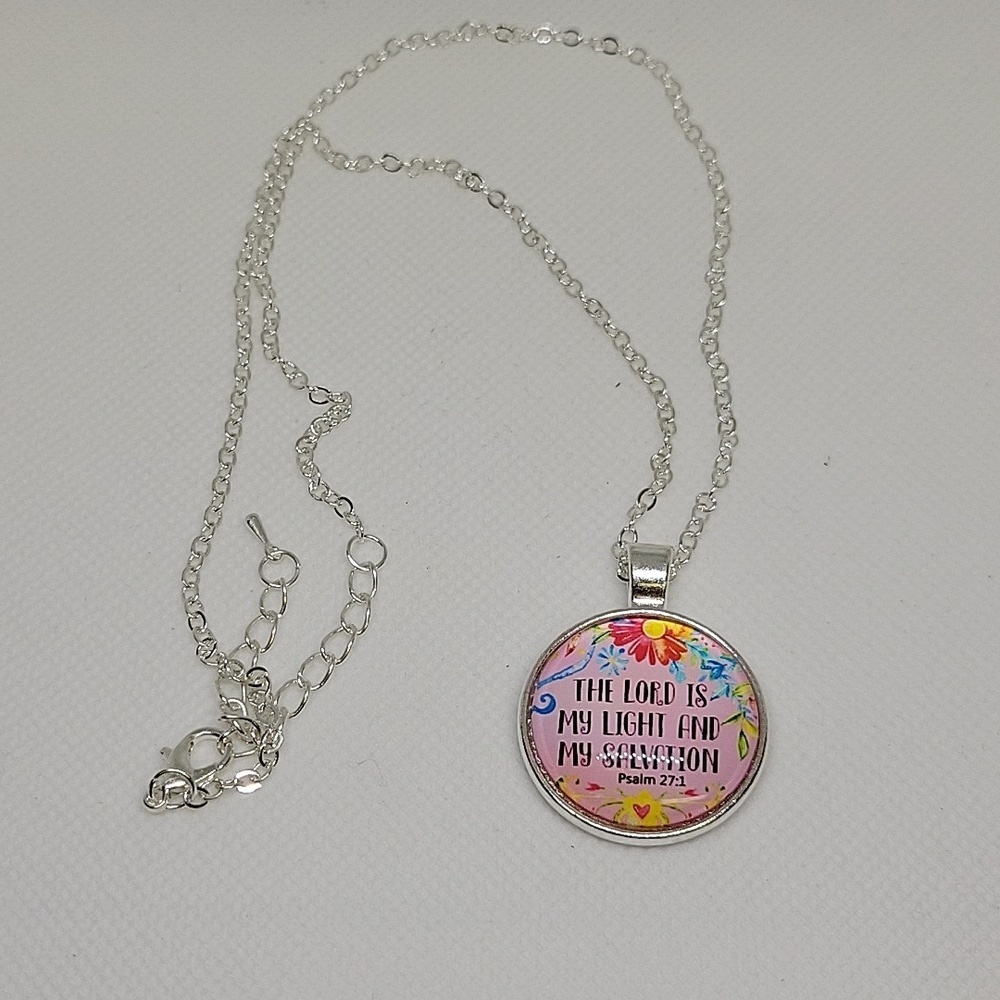 Cabocho 1" Silver Tone 18" + 2" Ext Silver Tone Necklace Psalms 27:1 The Lord is